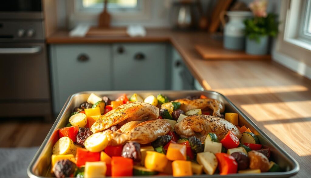 A cozy, minimal kitchen with wooden textures and light blue accents. On a large sheet pan, an assortment of fresh, seasonal vegetables - roasted to perfection, their colors vibrant and enticing. Juicy chicken thighs, perfectly seasoned, share the pan, the aroma wafting through the air. A simple, elegant meal, ready in just thirty minutes. The light, natural illumination casts a warm glow, highlighting the textures and inviting the viewer to experience the ease and satisfaction of this quick, sheet pan recipe.