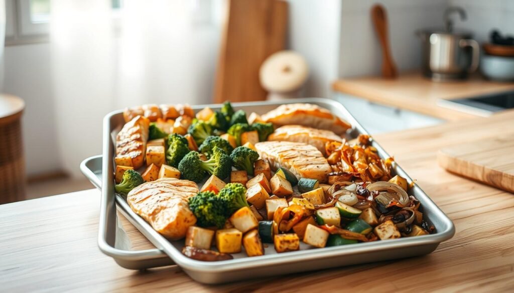 A cozy, minimal kitchen with wooden textures and light blue accents. On a neatly arranged sheet pan, various protein-rich foods like grilled chicken, baked salmon, and roasted tofu are artfully combined with vibrant vegetables such as roasted broccoli, sautéed zucchini, and caramelized onions. The lighting is soft and natural, casting a warm glow over the scene. The composition emphasizes the harmonious interplay of protein and produce, inviting the viewer to explore the flavorful possibilities of these nourishing combinations.