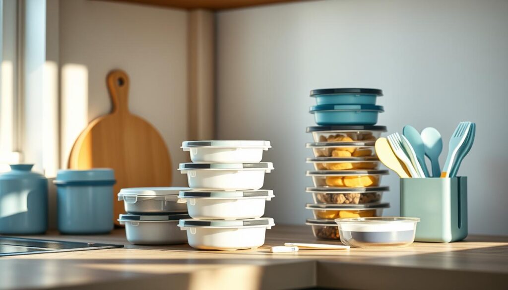 A cozy, minimal kitchen with wooden textures and light blue accents. On a neatly organized countertop, a collection of portable meal prep containers, utensils, and accessories are arranged in a visually appealing manner. The containers are stacked, lids are neatly positioned, and the utensils are placed in a compact organizer. The lighting is soft and natural, casting gentle shadows and highlighting the clean, uncluttered aesthetic. The overall scene conveys a sense of efficiency, organization, and mindfulness towards healthy, on-the-go eating.