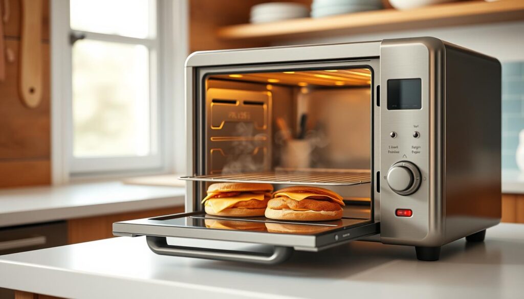 A cozy, minimal kitchen with wooden textures and light blue accents. On a pristine white counter, a stainless steel convection oven stands ready. The door opens to reveal two breakfast sandwiches, steam gently rising as they're reheated to perfection. Crisp English muffins, fluffy eggs, melted cheese, and savory sausage or bacon await, ready to be enjoyed. Soft, natural lighting illuminates the scene, casting a warm, inviting glow. The atmosphere is one of simplicity and efficiency, reflecting the desire for a quick, satisfying meal to start the day.