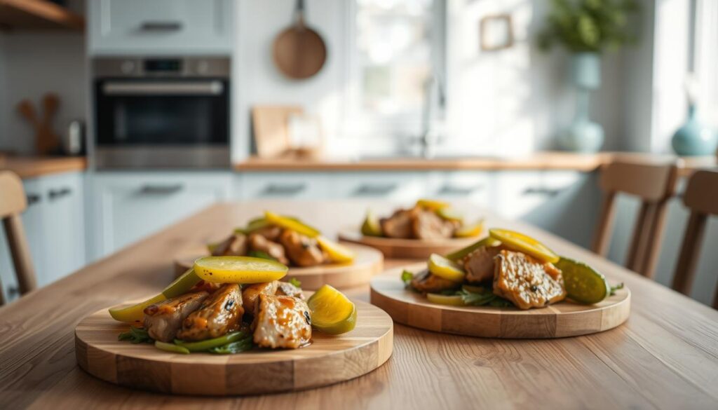 A cozy, minimal kitchen with wooden textures and light blue accents. On a pristine wooden table, an array of protein dishes are thoughtfully arranged, each one elevated by the addition of vibrant, tangy pickles. The pickles, in shades of green and yellow, are carefully placed to complement the textures and flavors of the dishes, creating a visually striking and appetizing scene. Soft, natural lighting casts a warm glow, highlighting the interplay of colors and textures. The overall atmosphere is one of simplicity, sophistication, and the celebration of the delicious pairing of protein and pickle.