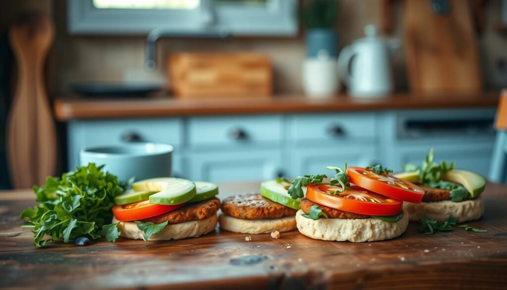 A cozy, minimal kitchen with wooden textures and light blue accents. On a rustic wooden table, an array of vegan breakfast sandwich ingredients awaits customization: flaky vegan biscuits, plant-based sausage patties, slices of avocado, juicy tomato, and a sprinkle of peppery arugula. The warm, soft lighting highlights the vibrant colors and textures, creating an inviting and appetizing scene. No hands are present, allowing the viewer to imagine their own personalized vegan breakfast sandwich.