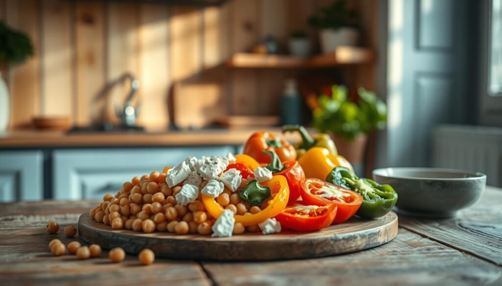 A cozy, minimal kitchen with wooden textures and light blue accents. On a rustic wooden table, a vibrant arrangement of chickpeas, tangy feta cheese, and an assortment of colorful peppers. The peppers are sliced at various angles, revealing their vibrant hues. Soft, natural lighting filters through the window, casting a warm glow over the scene. The overall composition exudes an atmosphere of simplicity, freshness, and culinary inspiration, perfectly capturing the essence of innovative, plant-based lunch meal prep ideas.