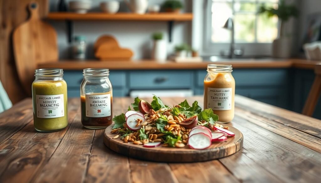 A cozy, minimal kitchen with wooden textures and light blue accents. On a rustic wooden table, an artful arrangement of vibrant salad dressings and toppings: creamy avocado lime, tangy balsamic fig, nutty tahini garlic, and a sprinkle of toasted pumpkin seeds, sunflower kernels, and crisp radish slices. The lighting is soft and natural, highlighting the textures and colors of the ingredients. The scene exudes a sense of creativity and healthy, flavorful possibilities for customizing any salad.