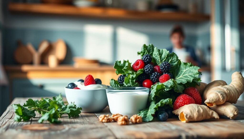 A cozy minimal kitchen with wooden textures and light blue accents. On a rustic wooden table, an arrangement of gut-healthy ingredients - fresh kale, vibrant berries, probiotic-rich yogurt, crunchy walnuts, and ginger root. The lighting is soft and natural, casting a warm glow over the scene. The camera angle is slightly elevated, capturing the ingredients in a visually appealing composition. The overall mood is one of wellness, wholesomeness, and a celebration of nourishing, gut-friendly foods.