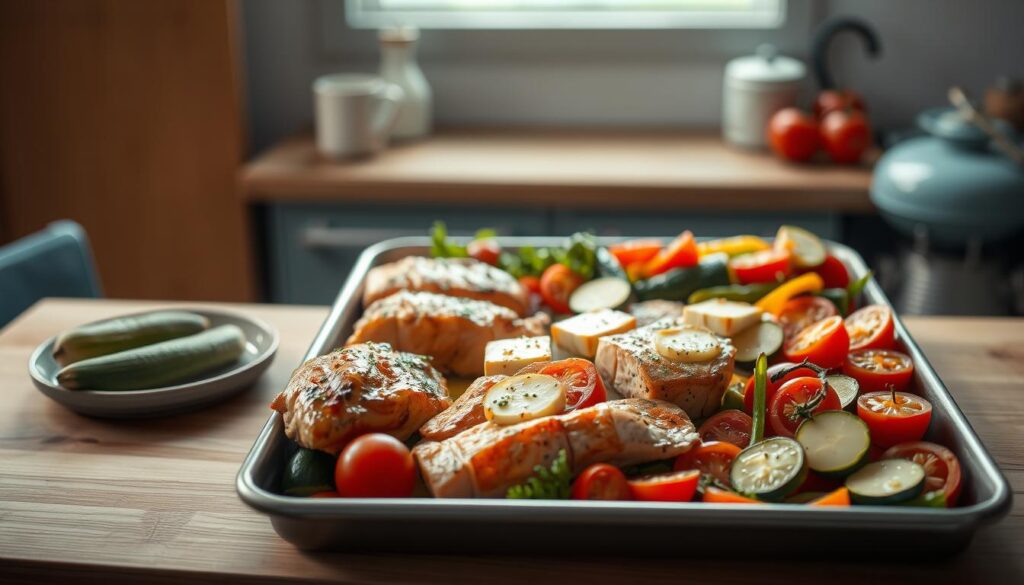 A cozy, minimal kitchen with wooden textures and light blue accents. On a sheet pan, an assortment of protein options for a Mediterranean-inspired sheet pan dinner, including marinated chicken thighs, seasoned salmon fillets, and sliced halloumi cheese. The proteins are arranged artfully, complemented by vibrant vegetables like zucchini, bell peppers, and cherry tomatoes. Soft, diffused lighting creates a warm, inviting atmosphere, highlighting the colors and textures of the ingredients. The overall composition emphasizes the versatility and customization possibilities for a delicious and visually appealing sheet pan dinner.