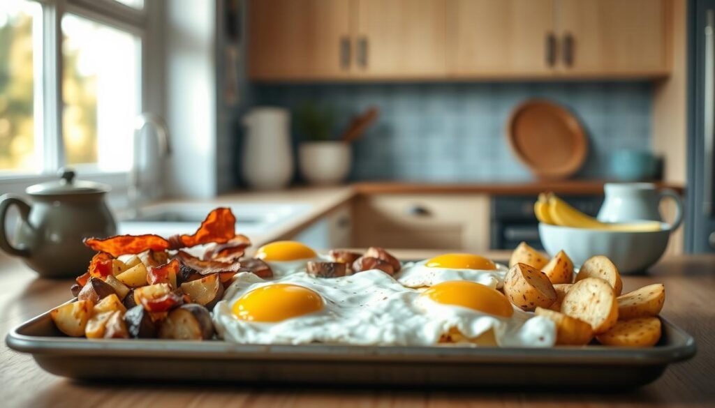 A cozy, minimal kitchen with wooden textures and light blue accents. On a sheet pan, an assortment of family-friendly breakfast dishes - fluffy scrambled eggs, crispy bacon, roasted potatoes, and fresh fruit. The scene is bathed in warm, natural lighting, creating a inviting atmosphere. The arrangement is visually appealing, with the ingredients neatly organized and presented in an appetizing manner. No hands are visible, allowing the food to take center stage. This image perfectly captures the essence of a low-sugar, yet delicious and nutritious, breakfast sheet pan meal suitable for the whole family.