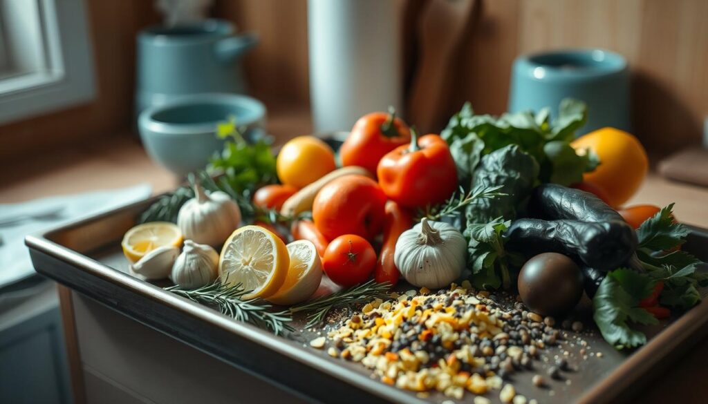 A cozy, minimal kitchen with wooden textures and light blue accents. On a sheet pan, an array of vibrant vegetables, fresh herbs, and aromatic spices, perfectly arranged for maximum flavor. Garlic, rosemary, and thyme create a savory aroma, while lemon zest and cracked black pepper add brightness and depth. The lighting is soft and natural, casting a warm glow over the scene, highlighting the textures and colors. The composition is balanced and visually appealing, inviting the viewer to imagine the delicious meal that will emerge from this carefully curated arrangement of seasoning and garnishes.