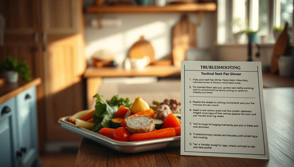 A cozy, minimal kitchen with wooden textures and light blue accents. On a sheet pan, various vegetables and proteins are arranged, accompanied by a troubleshooting guide that offers solutions to common sheet pan dinner challenges. The lighting is soft and natural, creating a warm, inviting atmosphere. The camera angle captures the scene from a slightly elevated perspective, showcasing the carefully organized ingredients and the informative troubleshooting sheet.