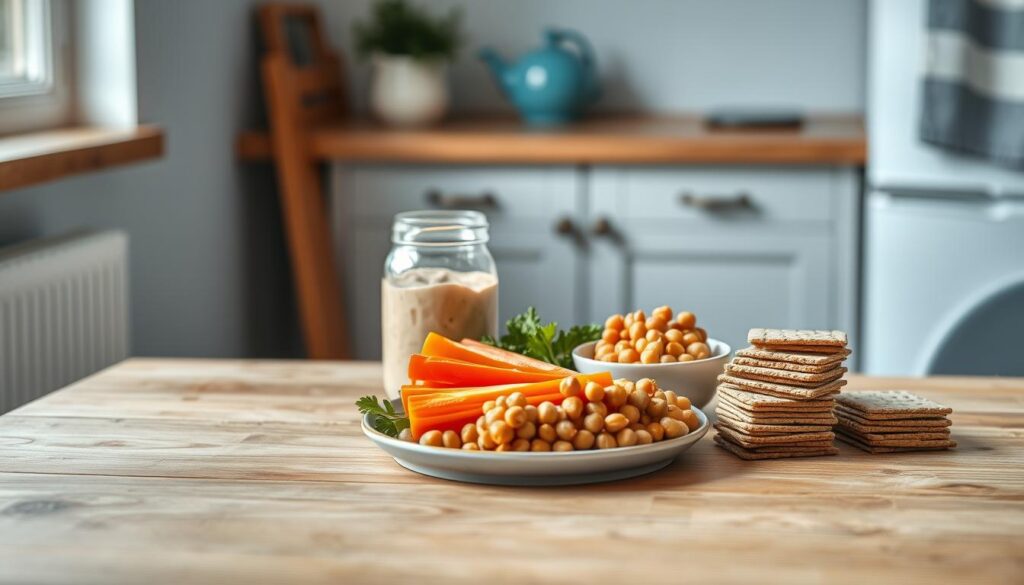 A cozy, minimal kitchen with wooden textures and light blue accents. On a simple wooden table, an assortment of protein-packed cold lunch options is neatly arranged: a glass jar filled with creamy hummus, a plate of crisp vegetables like carrots and bell peppers, a small bowl of roasted chickpeas, and a stack of whole-grain crackers. The natural lighting gently illuminates the scene, casting soft shadows and highlighting the vibrant colors of the fresh ingredients. No hands are visible, allowing the focus to remain on the nutritious and visually appealing cold lunch options.