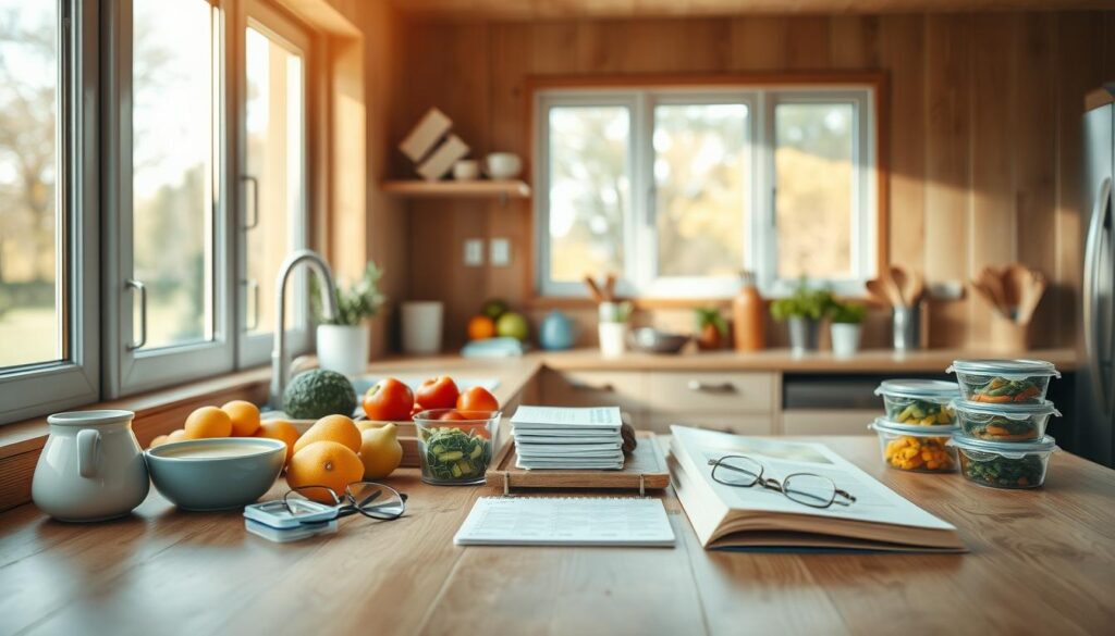A cozy, minimal kitchen with wooden textures and light blue accents. On a well-organized kitchen counter, a variety of fresh produce, cooking utensils, and meal prep containers are neatly arranged, conveying a sense of thoughtful planning. A small stack of recipe cards, a weekly meal planner, and a pair of reading glasses suggest the process of curating a diverse, flavorful week of meals. Warm, natural lighting from large windows casts a soft glow, creating a peaceful, inviting atmosphere for this weekly meal prep endeavor.
