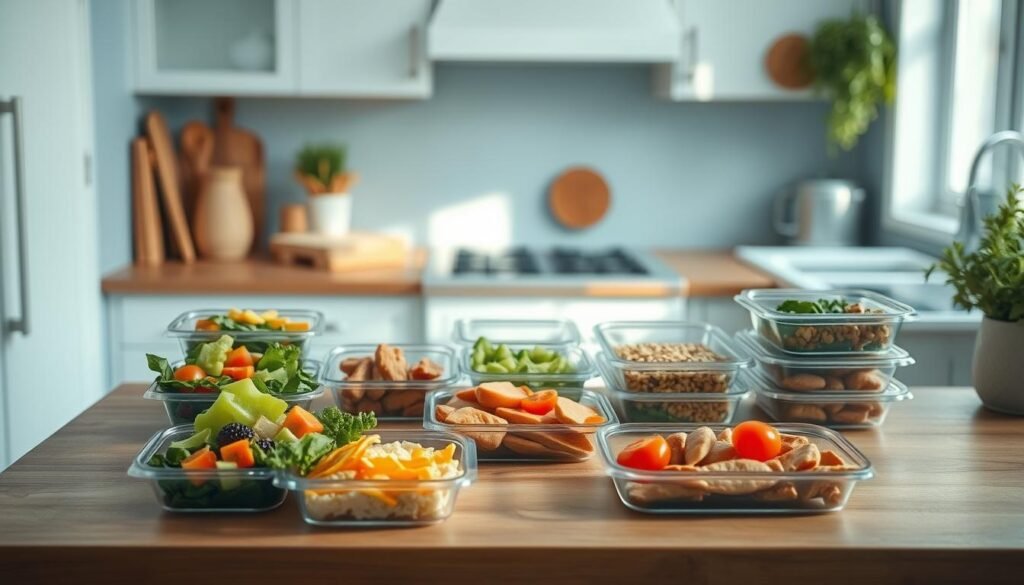 A cozy, minimal kitchen with wooden textures and light blue accents. On a wooden countertop, various portion-controlled recipes are neatly arranged - fresh vegetables, lean proteins, and whole grains, all portioned out in visually appealing, photogenic servings. The lighting is soft and natural, casting a warm glow over the scene. The camera angle is slightly elevated, capturing the layout of the meal prep containers in an organized, appetizing manner. The overall mood is one of simplicity, efficiency, and a focus on mindful, balanced nutrition.