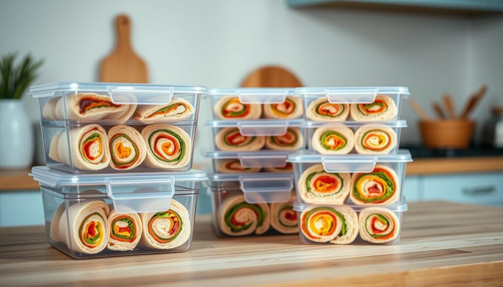 A cozy, minimal kitchen with wooden textures and light blue accents. On a wooden countertop, a set of clear plastic containers holds neatly arranged pinwheel sandwiches, their vibrant fillings visible through the transparent lids. The containers are stacked, organized, and ready for easy grab-and-go storage. Soft, diffused lighting illuminates the scene, capturing the tidy, efficient setup for preparing and preserving homemade pinwheel lunches.