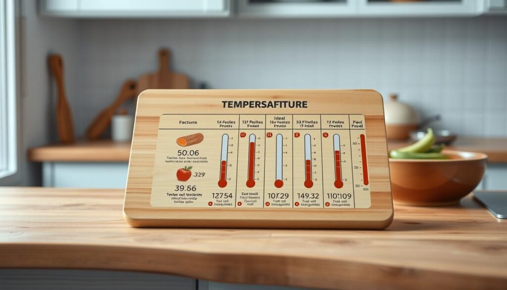 A cozy, minimal kitchen with wooden textures and light blue accents. On a wooden countertop, a large cutting board displays clear, concise food safety temperature guidelines. Crisp, realistic illustrations show ideal temperatures for various types of food, from raw ingredients to fully cooked dishes. The layout is clean and organized, inviting the viewer to easily reference the important information. Soft, diffused lighting creates a warm, informative atmosphere, emphasizing the practical kitchen setting. The overall scene conveys a sense of food preparation knowledge and safety consciousness.