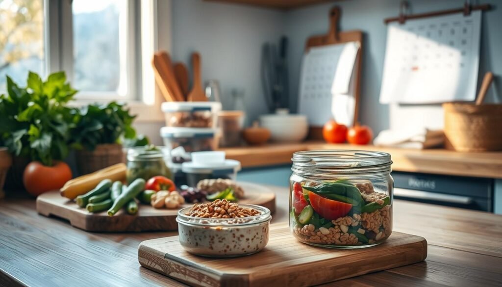 A cozy, minimal kitchen with wooden textures and light blue accents. On a wooden cutting board, an array of fresh vegetables, grains, and protein-rich ingredients are neatly arranged, ready for meal prep. The countertop is clutter-free, allowing the natural light to create a warm, inviting atmosphere. In the foreground, a glass container filled with homemade overnight oats or a mason jar salad takes center stage, showcasing the convenience and health benefits of meal prepping. The middle ground features various meal prep containers, utensils, and a cookbook open to inspiring protein-packed recipes. The background subtly suggests the passage of time, with a wall calendar highlighting the importance of planning and organization for a healthy, energized week ahead.