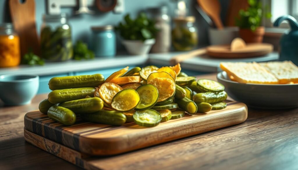 A cozy, minimal kitchen with wooden textures and light blue accents. On a wooden cutting board, a vibrant display of pickles in various shapes and sizes, including gherkins, dill chips, and bread-and-butter slices. The pickles are arranged in an appetizing manner, highlighting their crisp texture and tangy flavor. The lighting is soft and natural, casting a warm glow on the scene. A subtle background of jars, herbs, and other kitchen implements suggests the versatility of pickles as a culinary ingredient. The overall impression is one of a healthy, flavorful addition to a cold lunch, enticing the viewer to explore the benefits of incorporating pickles into their meal.