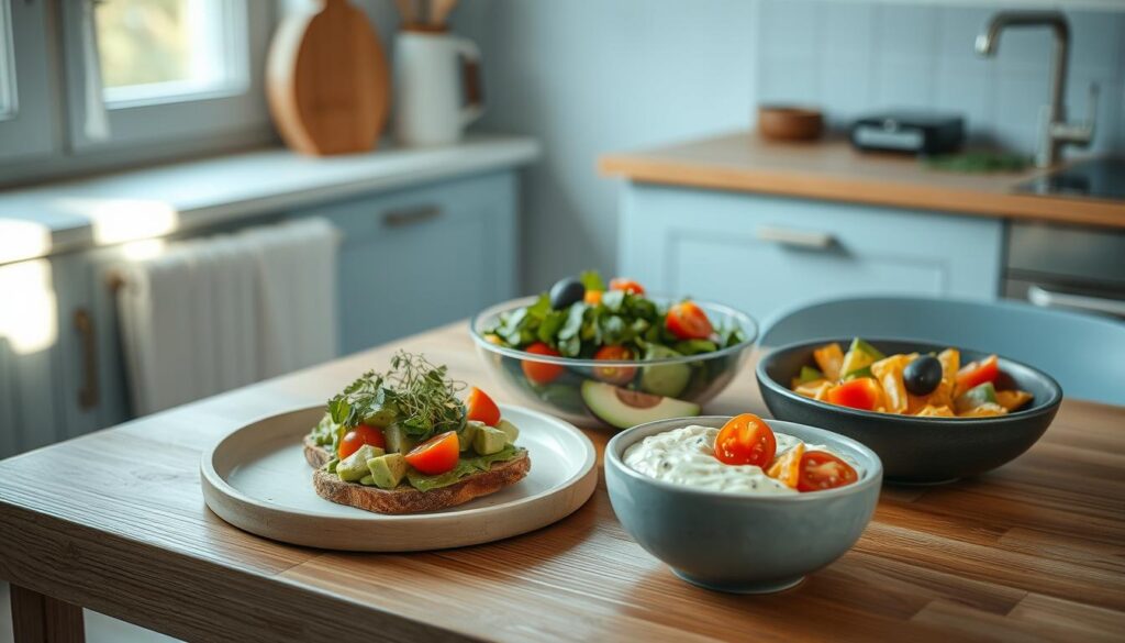 A cozy, minimal kitchen with wooden textures and light blue accents. On a wooden table, a selection of delicious avocado-based lunch ideas - a fresh avocado toast with a sprinkle of microgreens, a crisp avocado salad with cherry tomatoes and a tangy vinaigrette, and a creamy avocado-based dip accompanied by crunchy vegetable crudités. The natural light filters in through a nearby window, casting a warm glow on the scene. The composition is clean and balanced, highlighting the vibrant colors and textures of the avocado dishes.