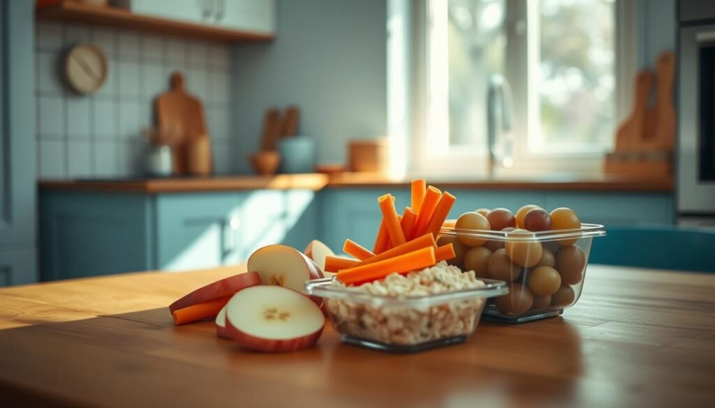 A cozy, minimal kitchen with wooden textures and light blue accents. On a wooden table, a colorful assortment of kid-friendly lunch ideas - sliced apples, carrot sticks, grapes, and a small container of chicken salad. Sunlight streams in through a window, casting a warm glow on the scene. The composition is clean and inviting, emphasizing the healthy, no-heat nature of the meal. The angle is slightly elevated, allowing the viewer to take in the full spread of the delightful lunchbox offerings.