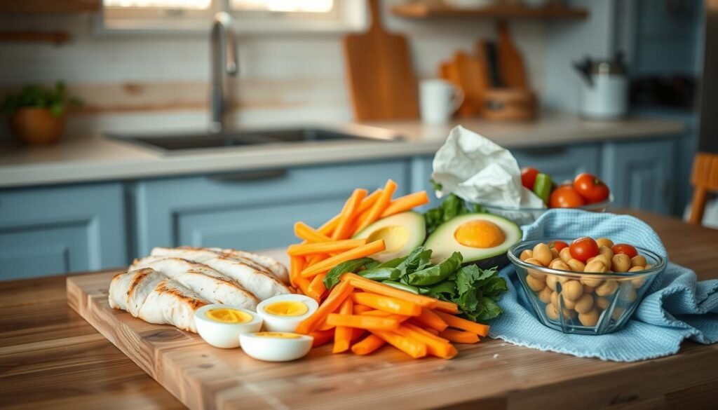 A cozy, minimal kitchen with wooden textures and light blue accents. On a wooden table, a selection of protein-packed cold lunch options artfully arranged - grilled chicken breast, hard-boiled eggs, sliced avocado, roasted chickpeas, and crisp raw vegetables like carrot sticks, bell pepper slices, and cherry tomatoes. Soft natural lighting illuminates the scene, highlighting the fresh, vibrant colors and textures of the ingredients. The composition is balanced and visually appealing, inviting the viewer to imagine packing this nourishing, satisfying cold lunch.