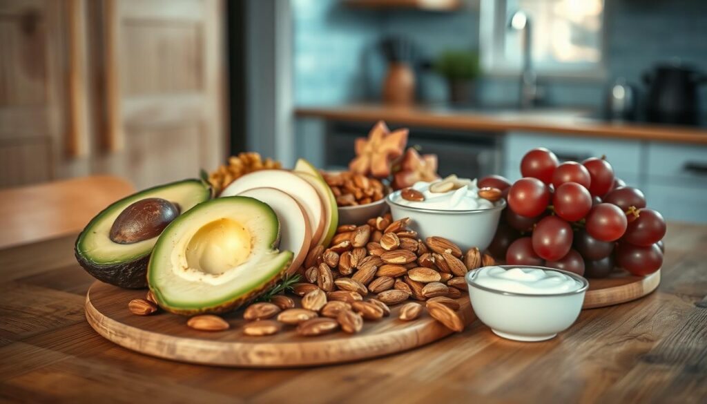 A cozy, minimal kitchen with wooden textures and light blue accents. On a wooden table, an arrangement of everyday ingredients - fresh avocado, crisp apple slices, crunchy almonds, juicy grapes, and creamy yogurt - meticulously displayed in an artful yet practical manner. The ingredients are bathed in soft, natural lighting, highlighting their vibrant colors and textures. The overall composition suggests a sense of thoughtful experimentation, inviting the viewer to discover creative snack pairings that nourish both body and mind.
