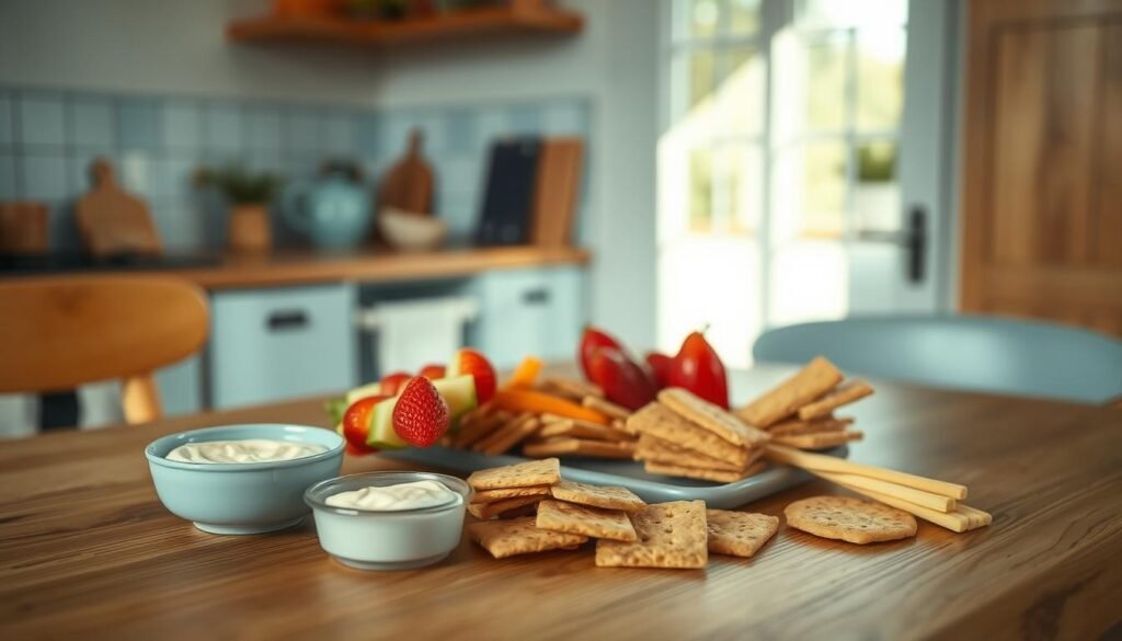 A cozy minimal kitchen with wooden textures and light blue accents. On a wooden table, an assortment of kid-friendly school lunch ideas arranged neatly - fresh fruit skewers, veggie sticks with hummus, whole-grain crackers, and a small container of yogurt. The lighting is soft and natural, casting a warm glow over the scene. The camera angle is slightly elevated, capturing the spread in an appetizing and visually appealing way. The overall mood is healthy, wholesome, and inviting, perfectly suited for a "Kid-Friendly No Heat Lunch Ideas" section.
