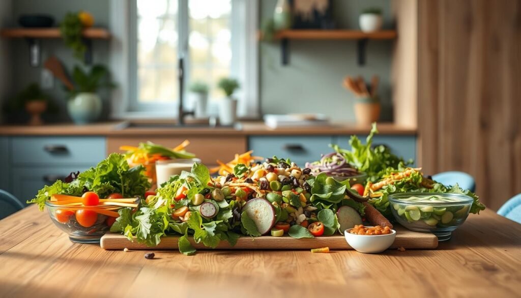 A cozy, minimal kitchen with wooden textures and light blue accents. On a wooden table, an assortment of customizable edamame salad variations is artfully arranged. Vibrant greens, colorful vegetables, and a variety of toppings and dressings fill the frame, inviting the viewer to explore the creative possibilities. The lighting is soft and natural, casting a warm glow over the scene. The focus is on the versatility and freshness of the salad, capturing the essence of the 