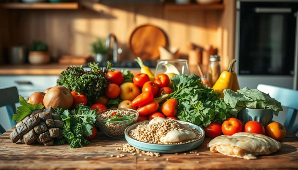 A cozy, minimal kitchen with wooden textures and light blue accents. On a wooden table, an assortment of fresh produce, whole grains, and lean protein sources - vibrant vegetables, crisp salad greens, juicy fruits, hearty quinoa, and succulent chicken breasts. The lighting is soft and natural, casting a warm glow over the scene. The placement of the ingredients suggests a balanced, varied weekly meal plan, ready to fuel productive afternoons with nourishing, energizing dishes.