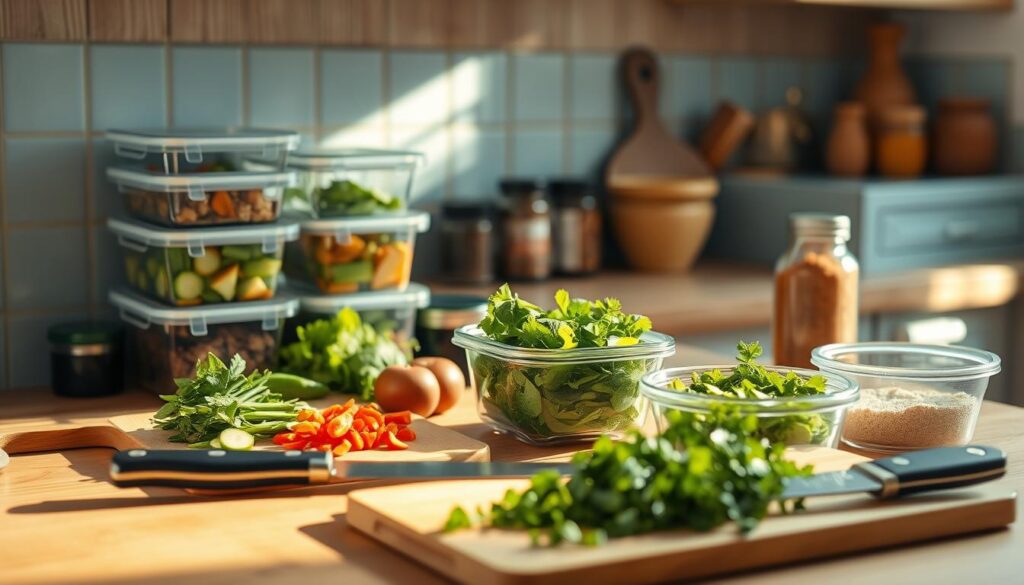 A cozy, minimal kitchen with wooden textures and light blue accents. On the counter, a selection of meal prep containers, freshly chopped vegetables, and jars of spices. The warm, natural lighting illuminates the scene, highlighting the vibrant colors and textures of the ingredients. In the foreground, a chef's knife and cutting board suggest the careful preparation of a nourishing, flavorful meal. The atmosphere exudes a sense of efficiency and attention to detail, reflecting the techniques used to preserve the flavors and freshness of the ingredients.