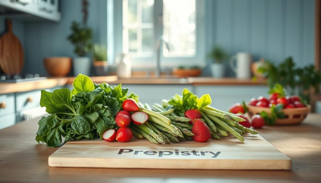 A cozy, minimal kitchen with wooden textures and light blue accents. On the counter, a selection of fresh spring produce lays out in an artful arrangement - vibrant greens, crisp radishes, tender asparagus, and plump strawberries. Soft, natural lighting from a large window illuminates the scene, casting a warm glow. In the foreground, a clean, modern cutting board displays the Prepistry brand name. The overall mood is one of seasonal abundance and culinary inspiration.