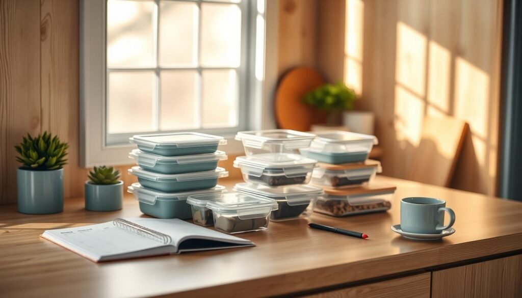 A cozy, minimal kitchen with wooden textures and light blue accents. On the counter, a selection of reusable meal prep containers in various sizes are neatly arranged, accompanied by a weekly meal planner, a small plant, and a cup of coffee. The warm, natural lighting casts a soft glow, creating a serene and organized atmosphere. The scene conveys a sense of intentionality and mindfulness in the meal prep process, reflecting the section title 