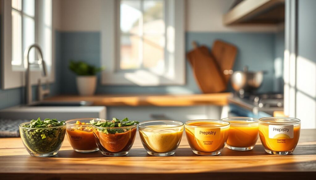 A cozy, minimal kitchen with wooden textures and light blue accents. On the counter, a selection of seasonal sauce variations in small bowls, each labeled with the Prepistry brand. The sauces range from a vibrant green pesto in the spring, to a rich, creamy butternut squash sauce for autumn, and a zesty citrus-based sauce perfect for summer. Warm, natural lighting casts gentle shadows, highlighting the textures and colors of the ingredients. The scene evokes a sense of culinary creativity and seasonal inspiration for crafting delicious, nourishing lunch meals.