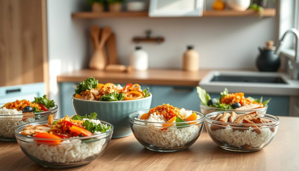 A cozy, minimal kitchen with wooden textures and light blue accents. On the counter, a selection of meal prep bowls filled with colorful, nutritious ingredients - fluffy rice, roasted vegetables, marinated chicken, and vibrant sauces. The bowls are arranged in a visually appealing layout, capturing the essence of quick and easy meal prep for busy weeknights. Soft, natural lighting illuminates the scene, creating a warm and inviting atmosphere. The image conveys a sense of effortless, balanced, and wholesome meals that can be quickly assembled for a nourishing dinner.