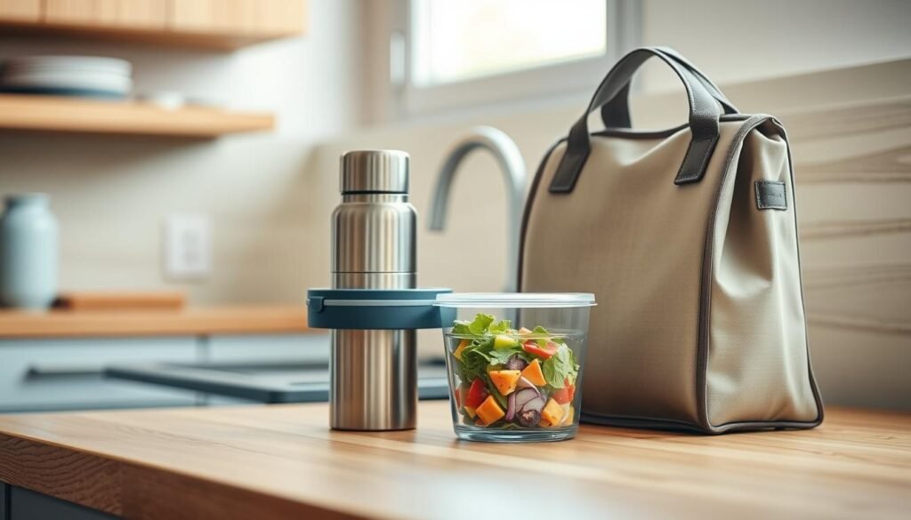 A cozy, minimal kitchen with wooden textures and light blue accents. On the counter, a glass storage container filled with a fresh, colorful salad, accompanied by a sleek, stainless steel thermos for hot meals. Nearby, a compact, insulated lunch bag stands ready to transport the carefully prepared dishes. The scene exudes a sense of organized efficiency, inviting the viewer to consider the best practices for storing and transporting their own nourishing office meals.