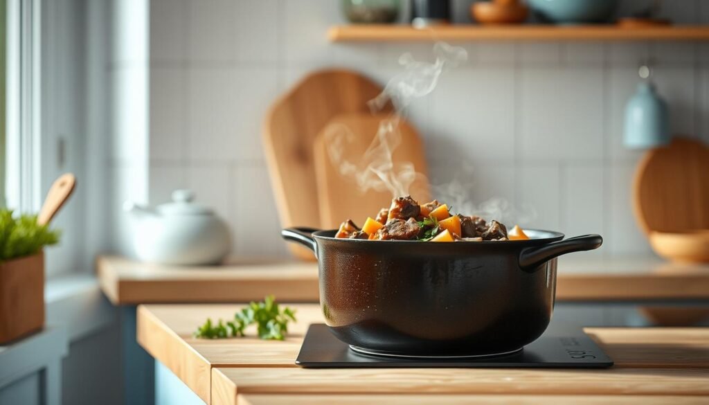 A cozy, minimal kitchen with wooden textures and light blue accents. On the counter, a hearty beef stew simmers in a cast-iron pot, steam billowing up to reveal the rich, savory aroma. Fresh herbs, tender chunks of beef, and diced vegetables come together in a nourishing, comforting dish. The stew's deep, earthy tones are highlighted by the soft, even lighting, creating a welcoming atmosphere. This scene perfectly captures the benefits of meal prep stews - their ability to improve in flavor over time, providing a wholesome and satisfying dinner.