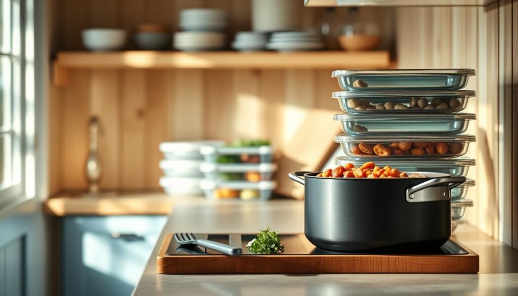 A cozy, minimal kitchen with wooden textures and light blue accents. On the counter, a large pot simmers with a hearty one-pot meal, surrounded by neatly stacked meal prep containers and a few fresh herbs. The kitchen is bathed in soft, diffused lighting, creating a warm and inviting atmosphere. A few cooking utensils are casually placed nearby, hinting at the meal preparation process. The overall scene conveys the efficiency and simplicity of one-pot meal strategies for effortless dinner prep.