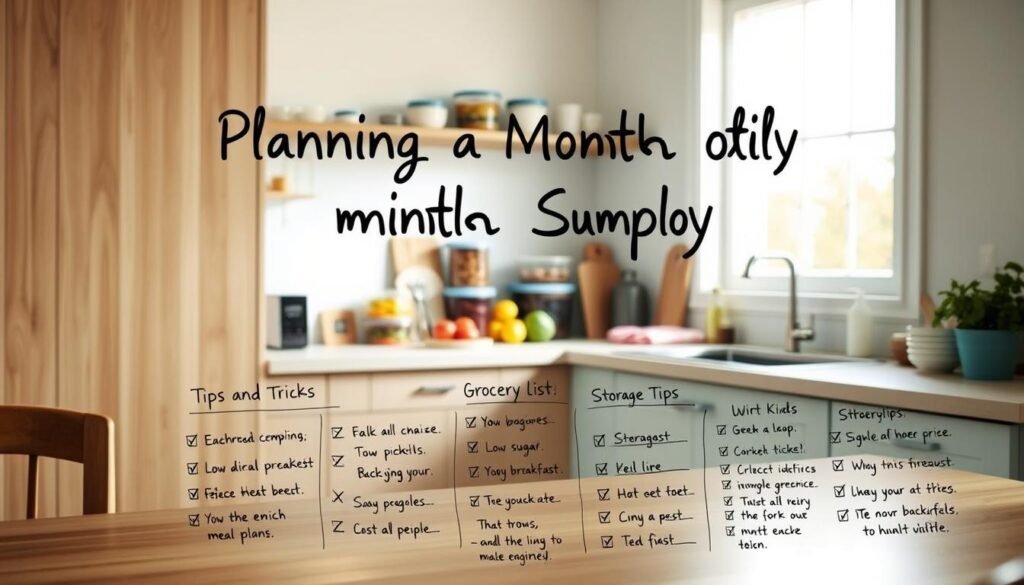 A cozy, minimal kitchen with wooden textures and light blue accents. On the counter, a neatly organized array of meal prep containers, colorful produce, and a couple of kitchen tools. A large, airy window illuminates the scene, casting a warm, soft light. In the foreground, a series of hand-written notes and checklists detailing meal plans, grocery lists, and storage tips. The overall atmosphere is one of intentionality, efficiency, and a touch of whimsy - a visual representation of "Planning a Month Supply: Tips and Tricks" for low-sugar breakfast freezer storage.