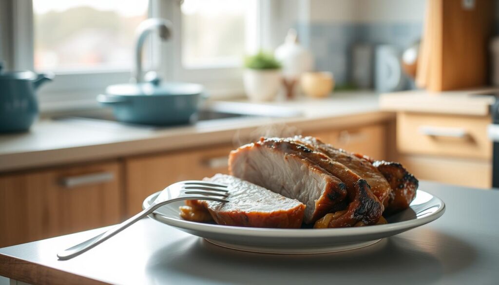 A cozy, minimal kitchen with wooden textures and light blue accents. On the counter, a plate of gently steaming pork, its surface glistening with a light glaze. Beside it, a fork and knife, poised to dig in. The soft, diffused lighting casts a warm glow, highlighting the tender, juicy meat. The scene exudes a sense of comfort and culinary expertise, inviting the viewer to savor the perfectly reheated pork meal.