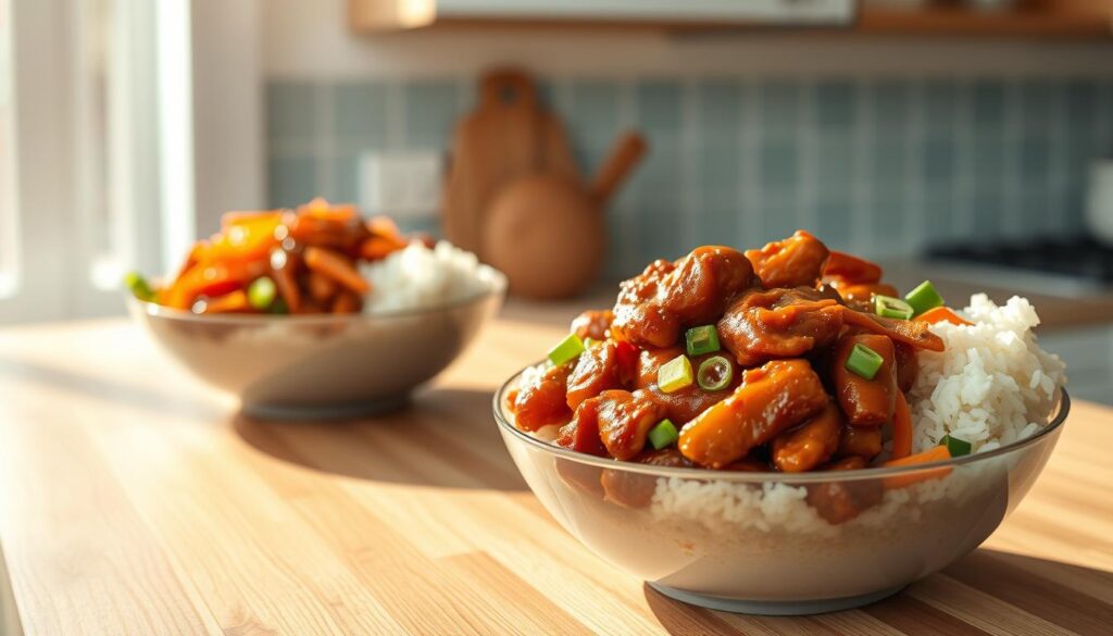 A cozy, minimal kitchen with wooden textures and light blue accents. On the counter, a set of Asian chicken meal prep bowls, each containing a generous portion of glistening, saucy chicken, fluffy white rice, fresh stir-fried vegetables, and vibrant pops of color from julienned carrots and sliced scallions. The lighting is warm and natural, casting soft shadows that highlight the texture of the food. The scene exudes an atmosphere of simplicity, wholesome nourishment, and bold Asian flavors.
