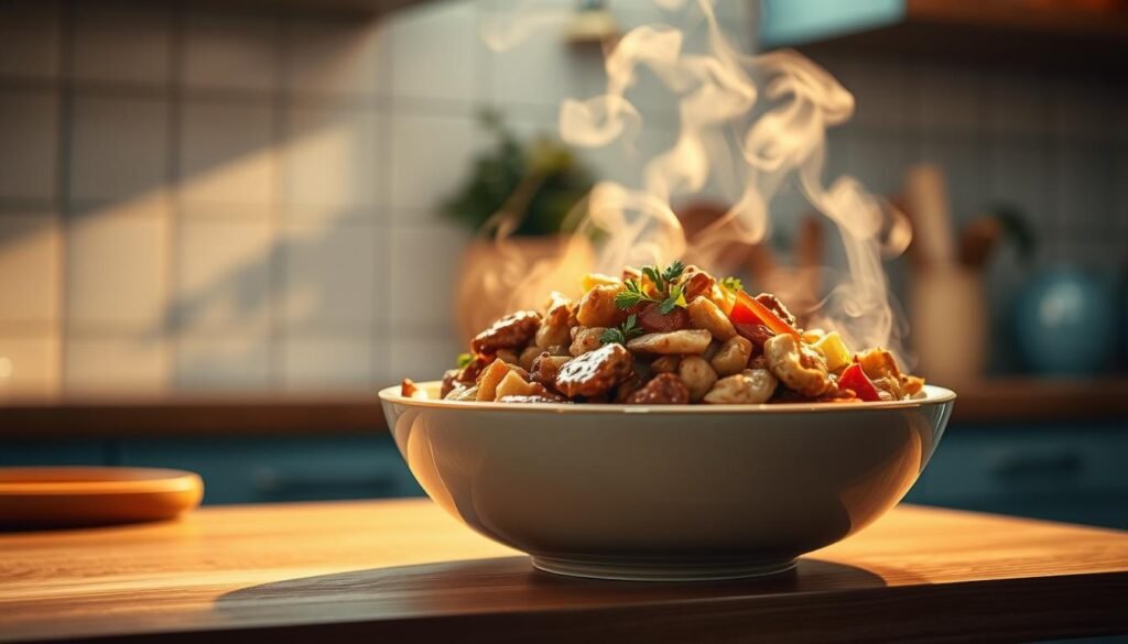 A cozy, minimal kitchen with wooden textures and light blue accents. On the counter, a steaming bowl of freshly reheated meal, the aroma of savory spices and sizzling ingredients filling the air. The dish glistens with a perfectly balanced blend of flavors, the textures intricately layered - tender meat, crisp vegetables, and a velvety sauce that coats each bite. Warm, soft lighting casts a gentle glow, highlighting the depth and complexity of the meal's presentation. The scene exudes a sense of comfort and culinary mastery, inviting the viewer to savor every mouthful.