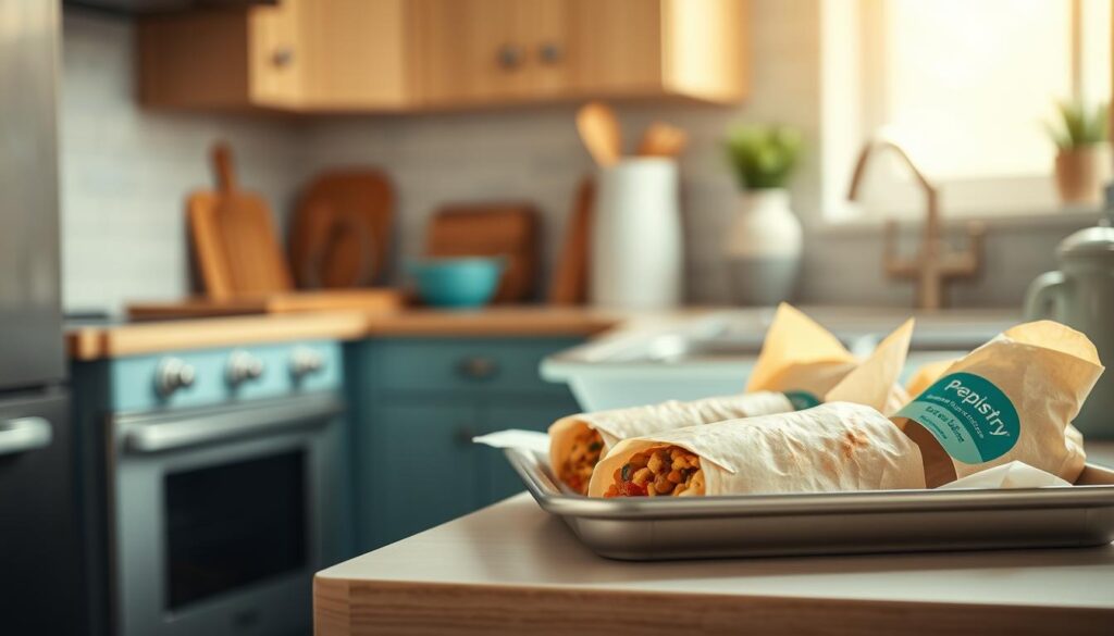 A cozy, minimal kitchen with wooden textures and light blue accents. On the counter, a tray of freshly prepared, freezer-friendly burritos from the Prepistry brand. The burritos are wrapped in parchment paper, their golden brown exteriors hinting at the savory fillings within. A soft, diffused light bathes the scene, creating a warm and inviting atmosphere. The angle highlights the burritos' hearty, hand-crafted appearance, perfect for a busy day's high-protein lunch.