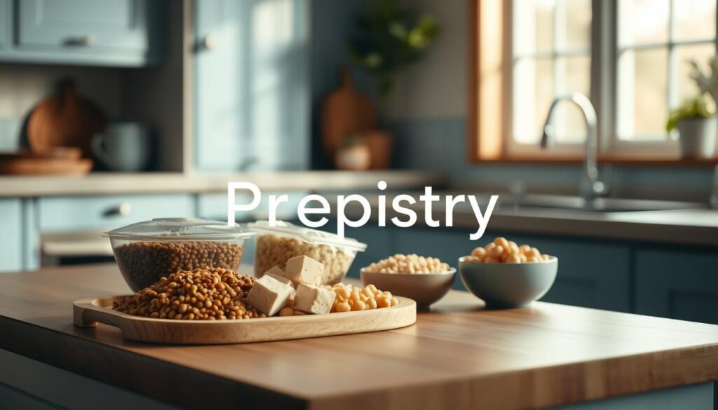 A cozy, minimal kitchen with wooden textures and light blue accents. On the counter, a variety of plant-based protein sources are neatly arranged - lentils, tofu, quinoa, and chickpeas. The scene is bathed in warm, natural lighting, as if captured through a large window. In the foreground, the 