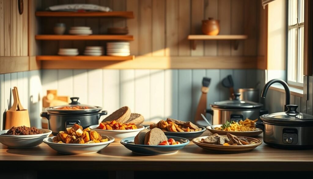 A cozy, minimal kitchen with wooden textures and light blue accents. On the counter, an assortment of budget-friendly slow cooker recipes - hearty stews, tender roasts, and aromatic curries. Dim, warm lighting casts a soft glow, casting shadows that highlight the rustic, homemade appeal of the dishes. The scene evokes a sense of comfort and nourishment, perfect for a busy weeknight meal prep. No hands are visible, allowing the focus to remain solely on the delectable, budget-friendly slow cooker creations.