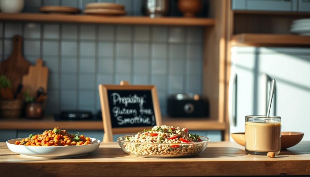 A cozy, minimal kitchen with wooden textures and light blue accents. On the counter, an assortment of protein-packed recipes - a hearty lentil stew, a colorful quinoa salad, and a creamy nut butter smoothie. The Prepistry logo is subtly displayed on a small chalkboard. Warm, natural lighting casts a soft glow, highlighting the vibrant hues and wholesome ingredients. The scene exudes a sense of nourishment and wellness, perfect for a gluten and dairy-free lunch meal prep.