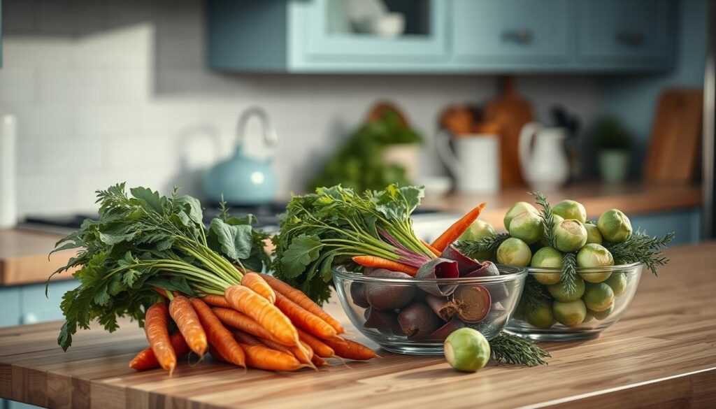 A cozy, minimal kitchen with wooden textures and light blue accents. On the counter, an assortment of freshly harvested winter vegetables - vibrant carrots, earthy beets, crisp Brussels sprouts, and fragrant thyme. Neatly arranged in glass bowls, they await preparation for a wholesome, seasonal dinner. The soft, diffused lighting casts a warm glow, creating an inviting atmosphere for meal prepping. The scene exudes a sense of simplicity and mindfulness, capturing the essence of incorporating fall and winter veggies into a delicious, nourishing dinner.