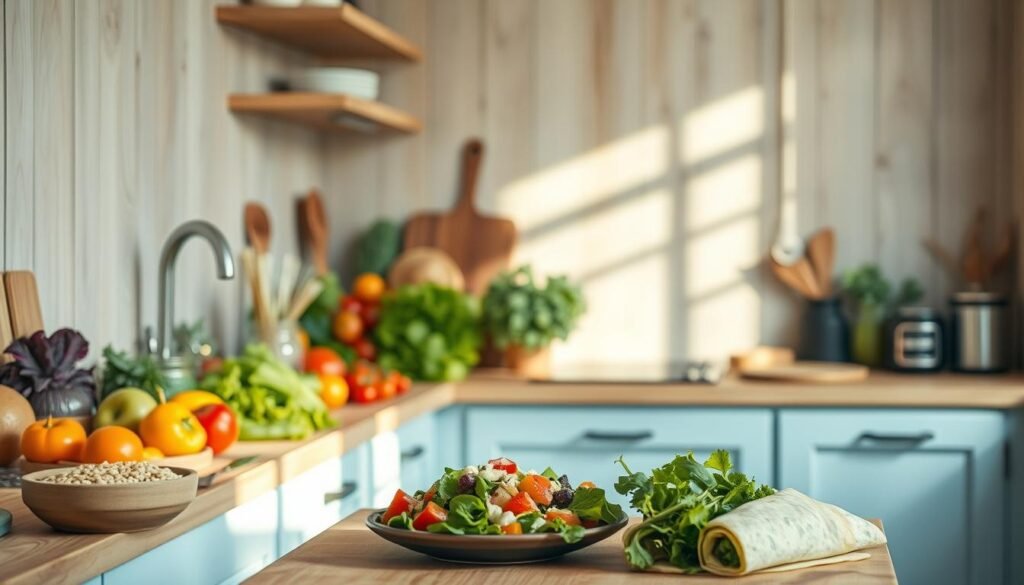 A cozy, minimal kitchen with wooden textures and light blue accents. On the counter, an assortment of fresh vegetables, whole grains, and plant-based proteins, artfully arranged. Soft, natural lighting illuminates the scene, casting gentle shadows and highlighting the vibrant colors. In the foreground, a variety of vegetarian meal prep options - colorful salads, hearty bowls, and nourishing wraps - ready to be enjoyed. The atmosphere is calm, inviting, and inspiring, encouraging a healthy, sustainable approach to mealtime.