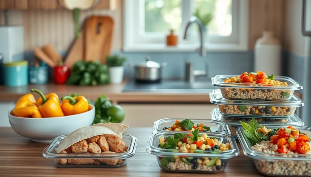 A cozy, minimal kitchen with wooden textures and light blue accents. On the counter, an assortment of fresh Mexican ingredients - vibrant bell peppers, ripe avocados, fragrant cilantro, and zesty limes. Nearby, neatly arranged meal prep containers showcase a variety of healthy Mexican dishes - spicy chicken and veggie burritos, hearty black bean and corn salads, and creamy quinoa bowls topped with pico de gallo. The warm lighting casts a soft glow, inviting you to savor the flavors of these wholesome, make-ahead meals.