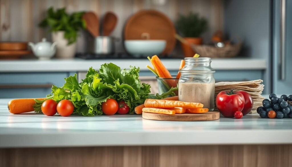 A cozy, minimal kitchen with wooden textures and light blue accents. On the counter, an assortment of fresh produce from the farmers market - crisp lettuce, juicy tomatoes, crunchy carrots, and vibrant bell peppers. A glass jar filled with homemade hummus, a stack of whole-grain tortillas, and a selection of bite-sized fruit like grapes and berries. The scene is bathed in soft, natural light, creating a calming and appetizing atmosphere for a no-heat lunchbox meal made with farmers market fresh ingredients.