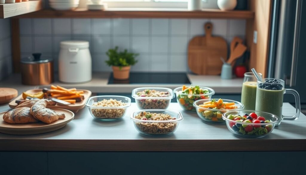 A cozy, minimal kitchen with wooden textures and light blue accents. On the counter, an assortment of protein-packed meal prep recipes are neatly arranged, including grilled chicken, roasted vegetables, quinoa salad, and colorful smoothie bowls. The lighting is soft and natural, casting a warm glow over the scene. The camera is positioned at an angle to capture the beautiful presentation of these healthy, balanced meals, ready to fuel a busy day ahead.