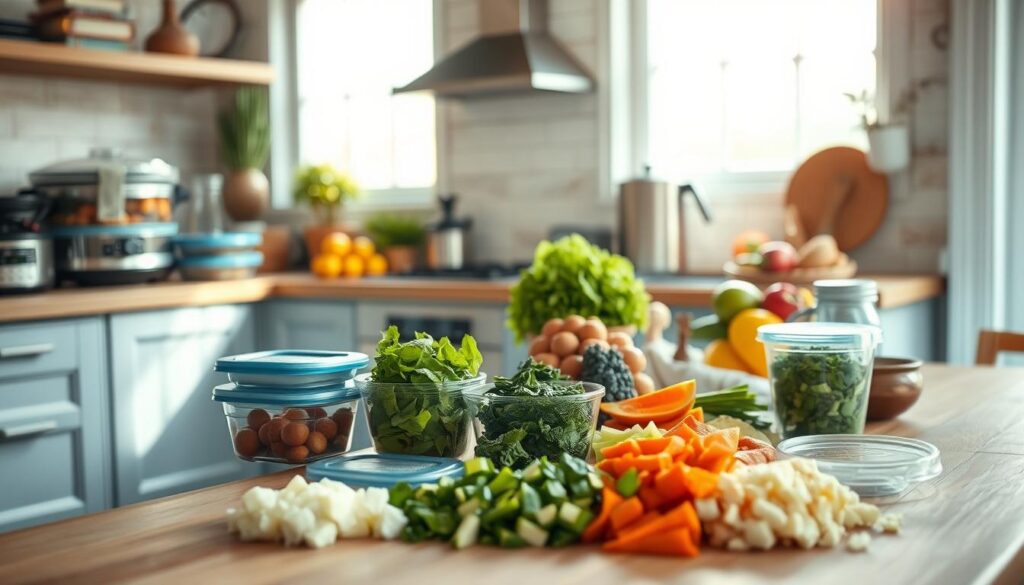 A cozy, minimal kitchen with wooden textures and light blue accents. On the counter, an assortment of meal prep containers, fresh produce, and kitchen appliances like a blender and slow cooker. Bright, natural lighting streams in through large windows, casting a warm glow over the scene. In the foreground, various chopped and prepped ingredients are neatly organized, showcasing efficient meal prep strategies. The overall mood is calm, organized, and focused on streamlining the cooking process for a time-saving, heart-healthy meal routine.