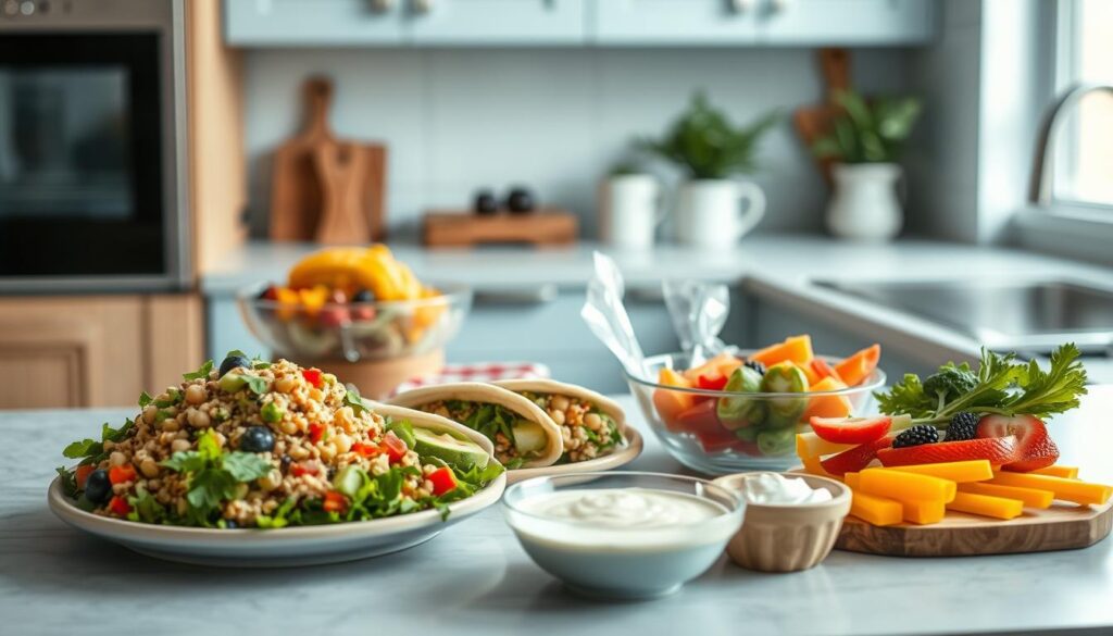 A cozy, minimal kitchen with wooden textures and light blue accents. On the counter, an assortment of dairy-free lunch options artfully arranged: a colorful quinoa and veggie salad, creamy avocado and chickpea wraps, a vibrant fruit salad, and a selection of crunchy vegetables with a creamy, dairy-free dip. The natural light filters in, casting a warm glow and accentuating the fresh, healthy ingredients. The scene exudes a sense of nourishment and culinary creativity, perfect for inspiring dairy-free office meal prep.